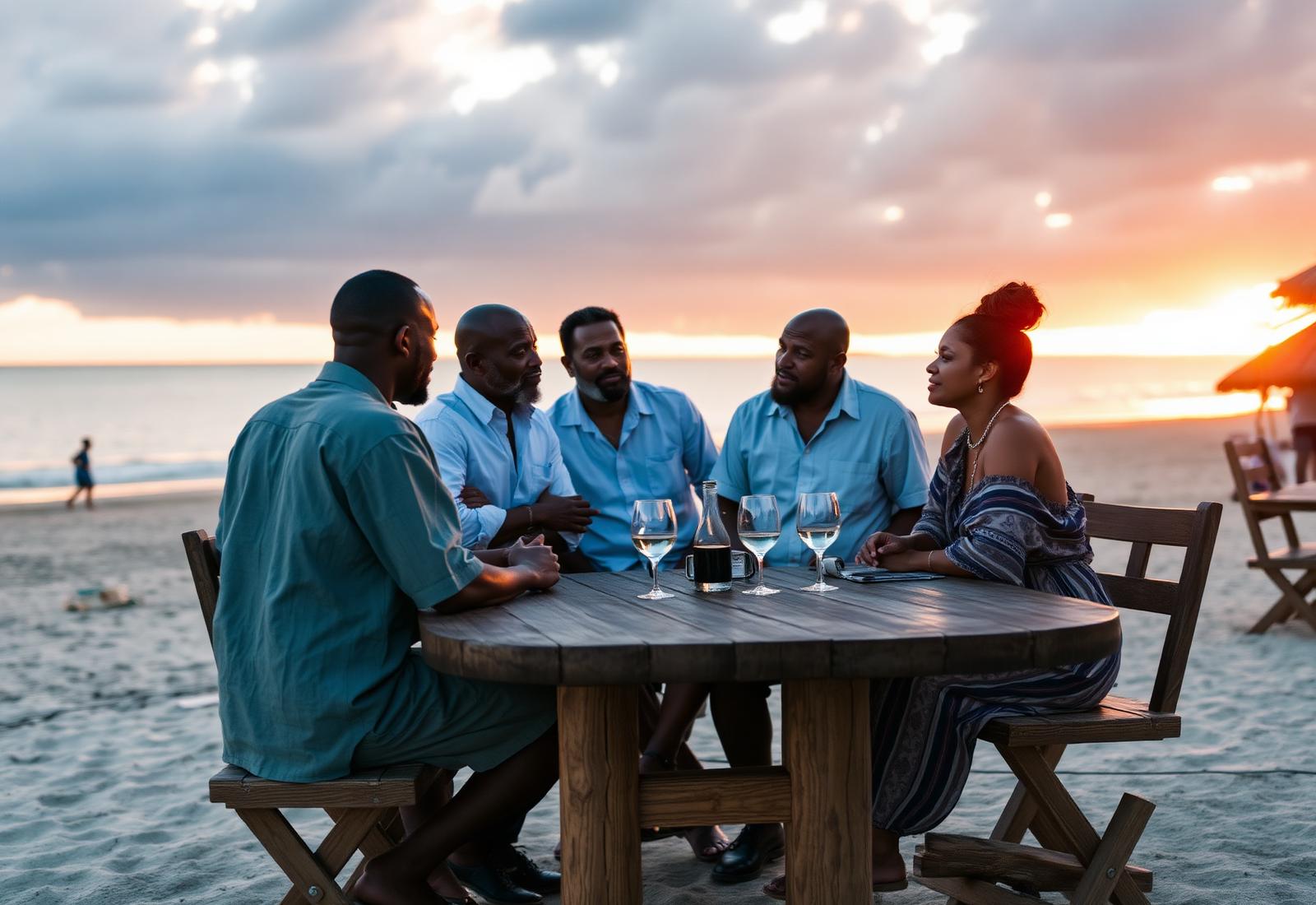 Group in conversation at sunset