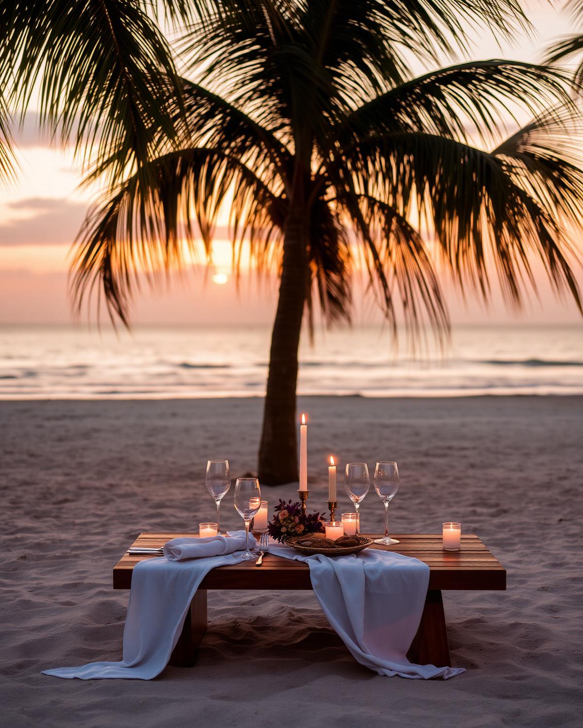 Sunset dinner setting on the beach